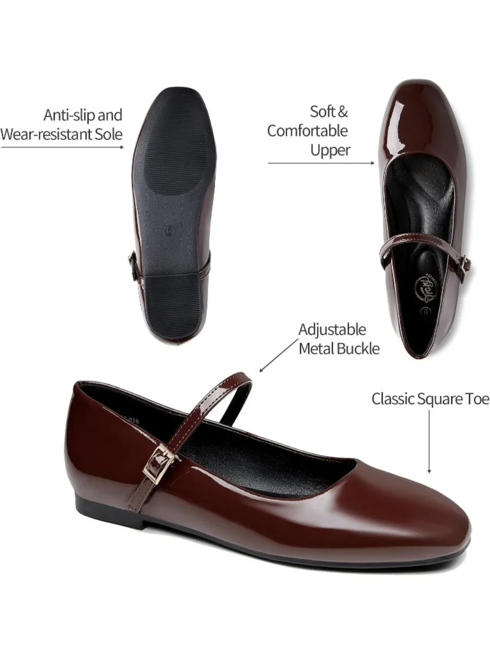 Women's Dark Brown Square Toe Adjustable Buckle Strap Ballet Flat Slip On Shoes